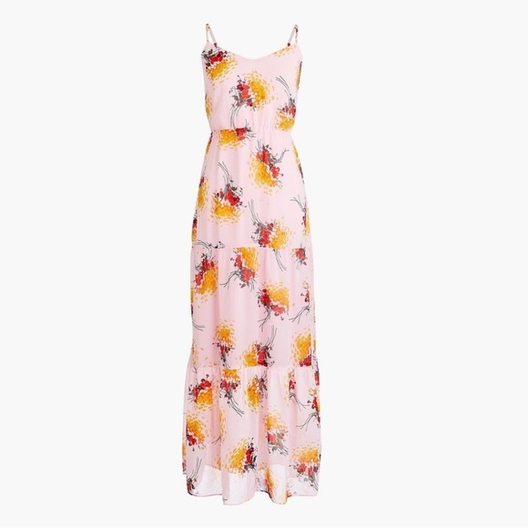 J. Crew Pink Sunburst Bouquet Tiered Maxi Dress Sundress 0 XS - Picture 2 of 11